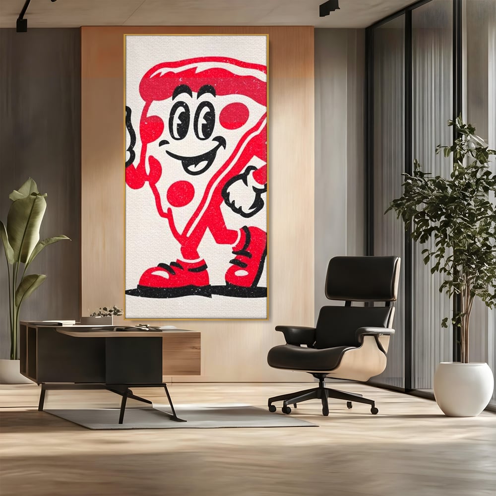 Tablou canvas cu ilustratie retro cu felie de pizza, in rama de aluminiu auriu, pe perete intr-un birou